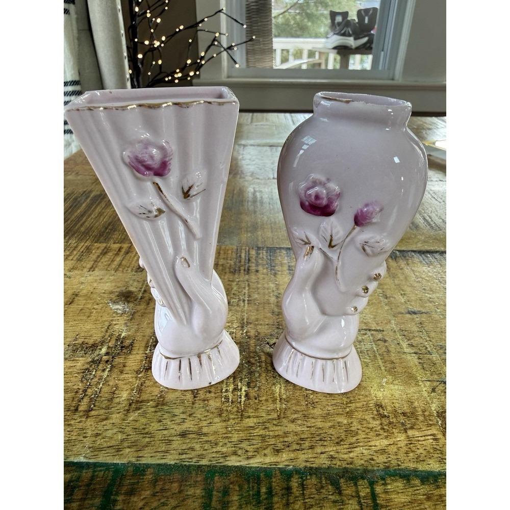 Pair Royal Japan Hand Holding Vases Pink Rose Hand Painted Ceramic Vintage decor - Picture 2 of 6